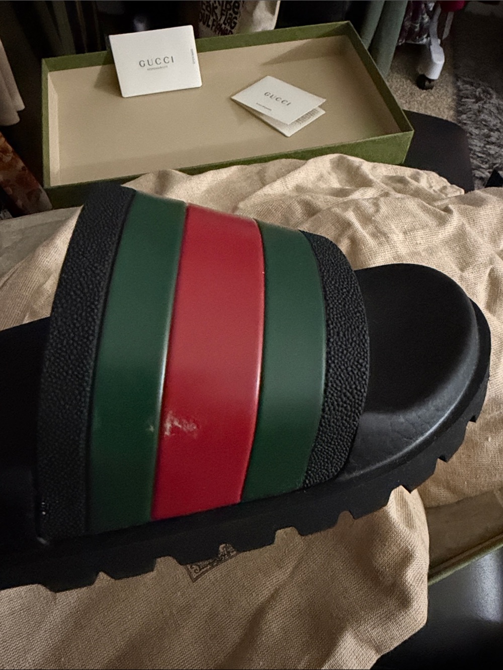 Gucci Black Slides with Green and Red Stripes - Picture 11 of 13